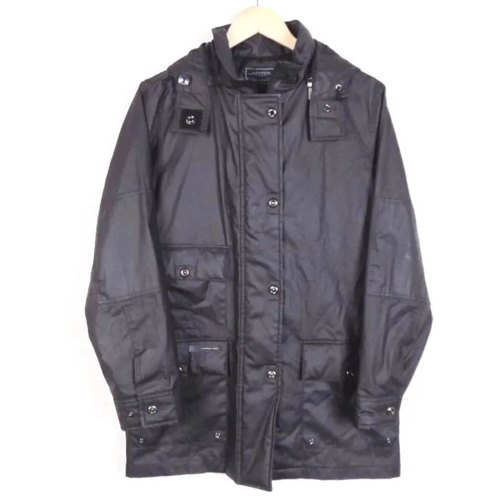 Lauren Ralph Lauren black label 1967 black waxed hooded raincoat utility coat L